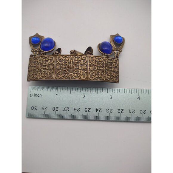 Vintage Rare French Charms Hair Barrette Clip Brass Tone Metal Cobalt Blue Glass main image 4